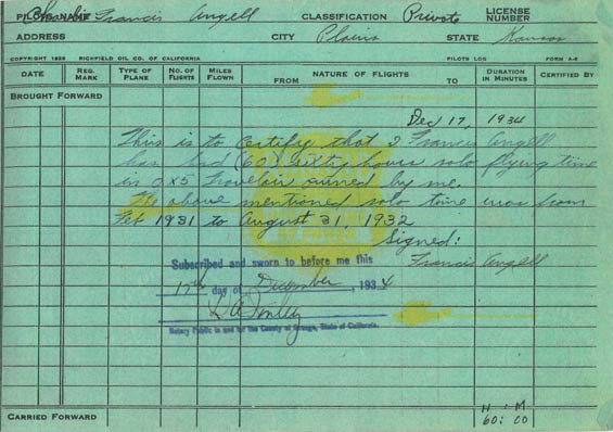 Francis Angell’s Certification That He Had Accumulated 60 Hours of Solo Time by December 17, 1934, presumably required documentation For the Purchase of the Stinson N247W (Source: Angell Family)